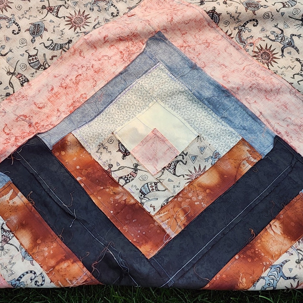 Handmade Southwest Kokopelli Log Cabin Quilt Top Blue Orange 78x106 Unfinished - Picture 6 of 8